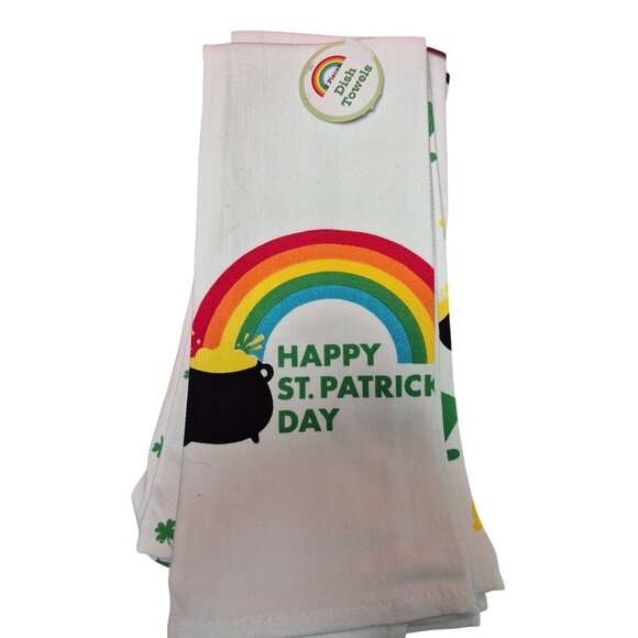 Happy St. Patricks Day Rainbow & Pot Of Gold Cotton Dish Towels‎ - Set Of 2 - Picture 2 of 4